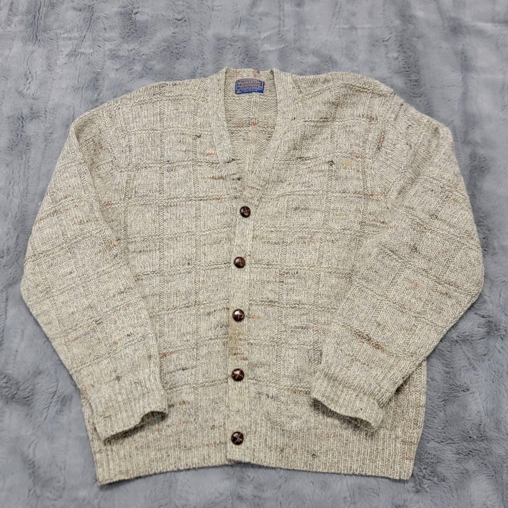 Vintage Pendleton Sweater Mens Large Gray Wool Cardigan Knit Button Pockets USA